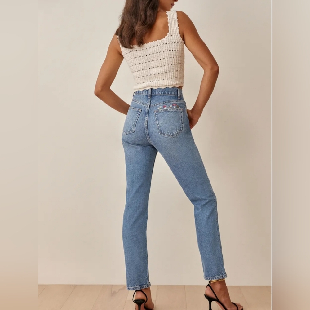 Reformation Cynthia Mushroom Embroidered High Rise Straight Medium Wash Jeans 24 - Picture 3 of 11